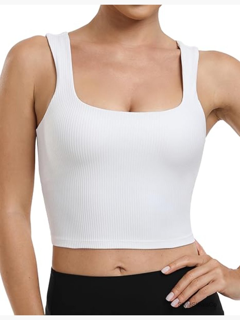 Longline Sports Bra Square Neck Ribbed Yoga Crop Top Built-In Support